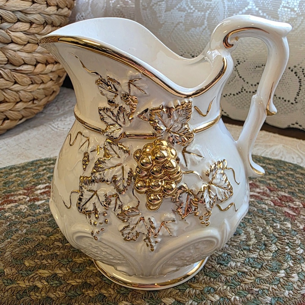 Vintage‎ Ceramic Small Pitcher 5" Planter White Gold Gilt Embossed Fruit Vase